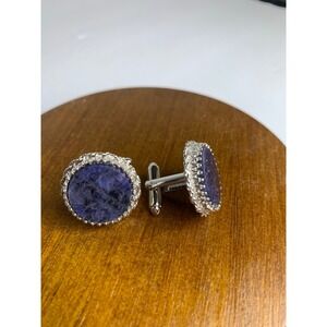 Vintage Dante Men's Sodalite Cufflinks Silver Tone Round Blue Stone Formal Wear